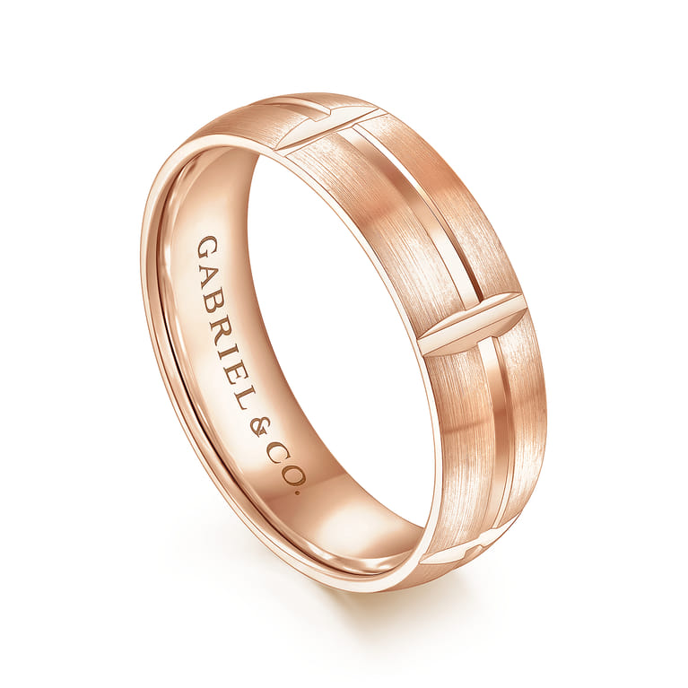 Levi - 14K Rose Gold 6mm - Carved Station Men's Wedding Band in Satin Finish - Shot 3