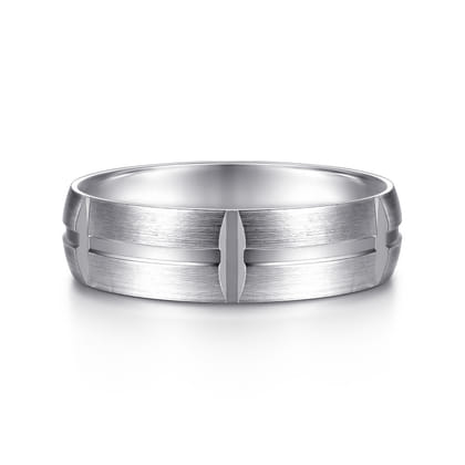 Levi - 14K White Gold 6mm - Carved Station Men's Wedding Band in Satin Finish