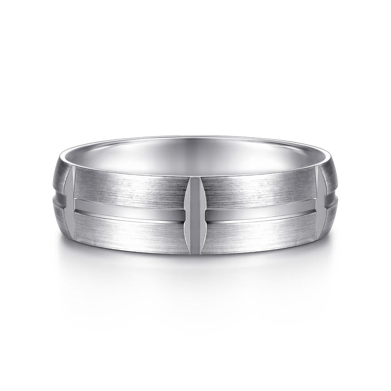 Levi - 14K White Gold 6mm - Carved Station Men's Wedding Band in Satin Finish - Shot 1