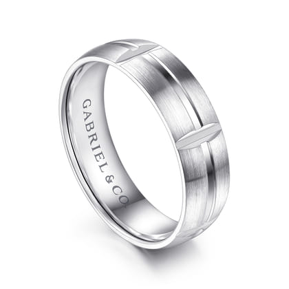 Levi - 14K White Gold 6mm - Carved Station Men's Wedding Band in Satin Finish