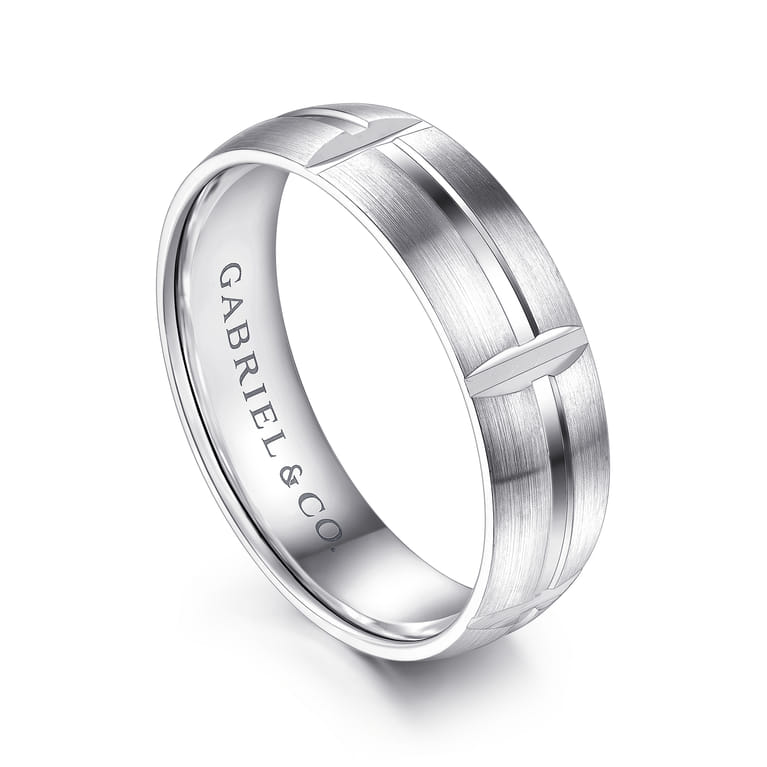 Levi - 14K White Gold 6mm - Carved Station Men's Wedding Band in Satin Finish - Shot 3
