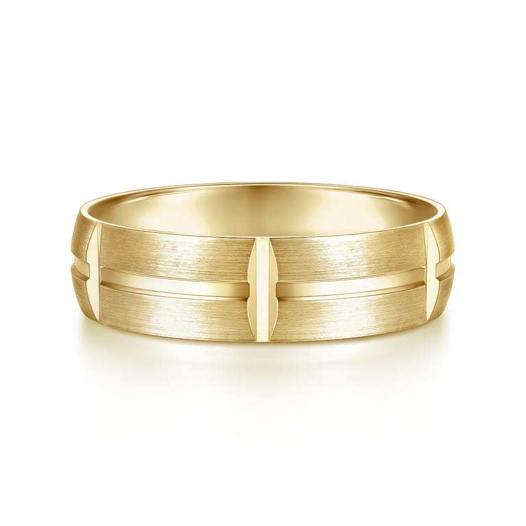 Levi - 14K Yellow Gold 6mm - Carved Station Men's Wedding Band in Satin Finish - Shot 1