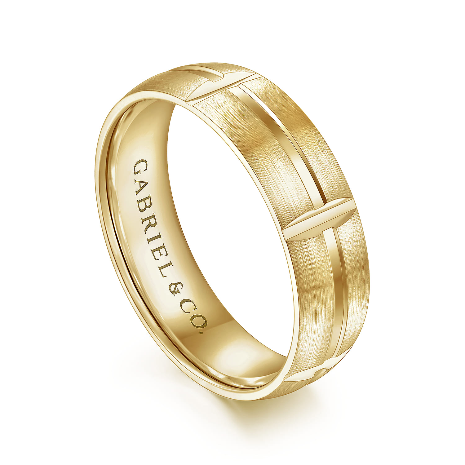 Levi - 14K Yellow Gold 6mm - Carved Station Men's Wedding Band in Satin Finish - Shot 3