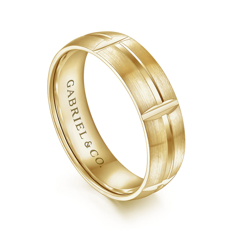 Levi - 14K Yellow Gold 6mm - Carved Station Men's Wedding Band in Satin Finish - Shot 3