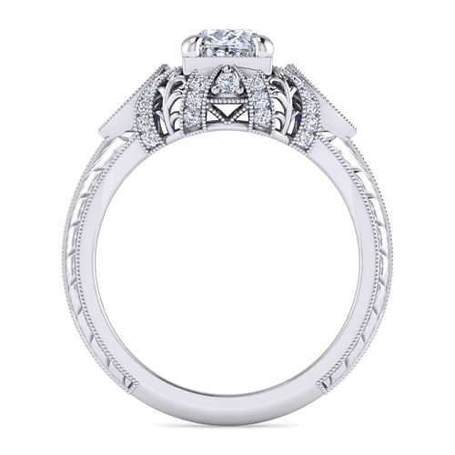 Lexington - Vintage Inspired Platinum Oval Three Stone Halo Sapphire and Diamond Engagement Ring - 0.13 ct - Shot 2
