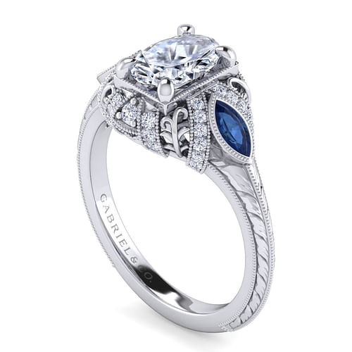 Lexington - Vintage Inspired Platinum Oval Three Stone Halo Sapphire and Diamond Engagement Ring - 0.13 ct - Shot 3