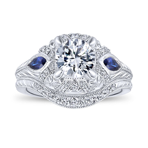 Lexington - Vintage Inspired Platinum Round Three Stone Halo Sapphire and Diamond Engagement Ring - 0.14 ct - Shot 4