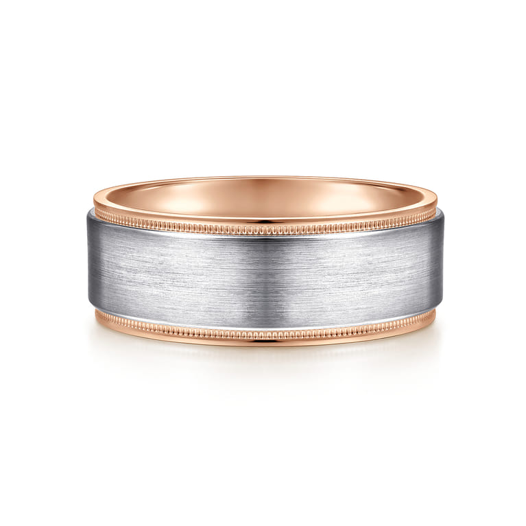 Liam - 14K White-Rose Gold 8mm - Two Tone Men's Wedding Band in Satin Finish - Shot 1