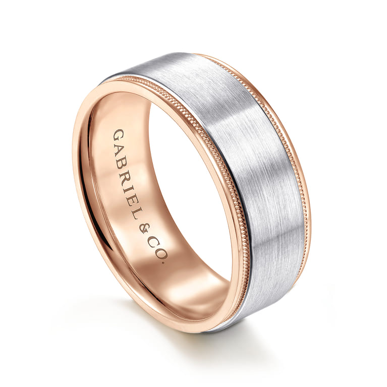 Liam - 14K White-Rose Gold 8mm - Two Tone Men's Wedding Band in Satin Finish - Shot 3