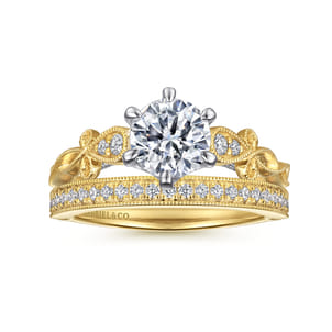 Lilac - 14K White-Yellow Gold Floral Round Diamond Engagement Ring