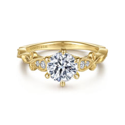 14K Yellow Gold Floral Round Diamond Engagement Ring