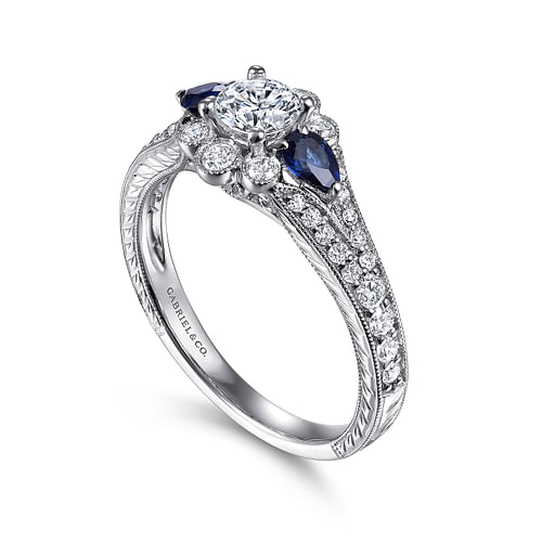 Linden - Vintage Inspired 14K White Gold Round Halo Sapphire and Diamond Engagement Ring - 0.35 ct - Shot 3