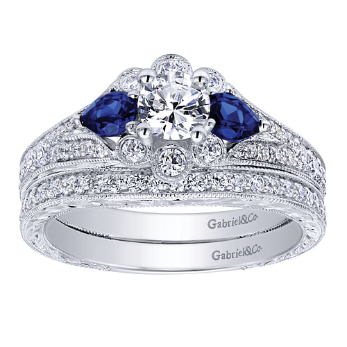 Linden - Vintage Inspired 14K White Gold Round Halo Sapphire and Diamond Engagement Ring - 0.35 ct - Shot 4