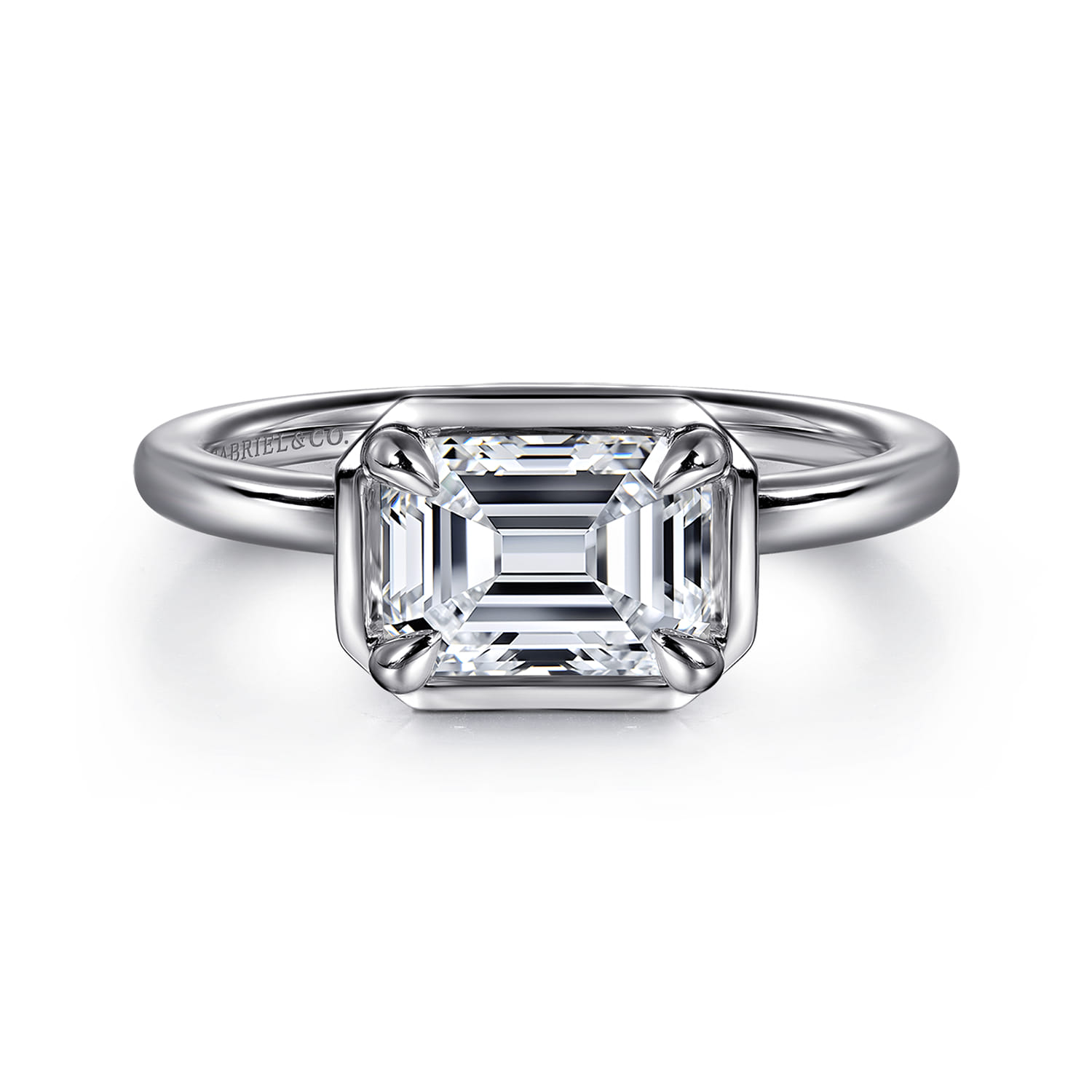 Linen - 14K White Gold East West and Bezel Prong Emerald Cut Diamond Engagement Ring