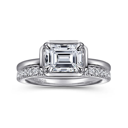 Linen - 14K White Gold East West and Bezel Prong Emerald Cut Diamond Engagement Ring