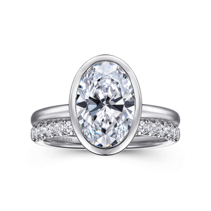 Linny - 14K White Gold Oval Bezel Set Diamond Engagement Ring