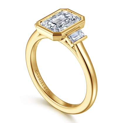 Liora - 14K Yellow Gold Emerald Cut Three Stone Bezel Set Diamond Engagement Ring