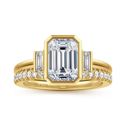 Liora - 14K Yellow Gold Emerald Cut Three Stone Bezel Set Diamond Engagement Ring