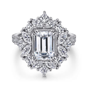 Lisette - 14K White Gold Fancy Halo Emerald Cut Diamond Engagement Ring