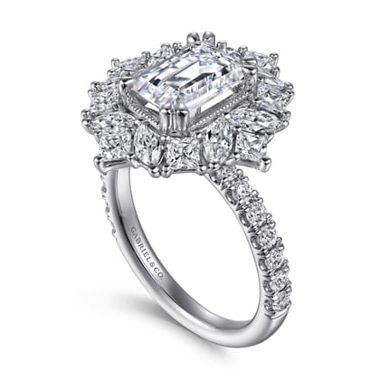 Lisette - 14K White Gold Fancy Halo Emerald Cut Diamond Engagement Ring