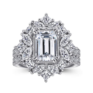 Lisette - 14K White Gold Fancy Halo Emerald Cut Diamond Engagement Ring