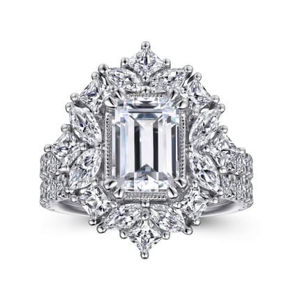 Lisette - 14K White Gold Fancy Halo Emerald Cut Diamond Engagement Ring