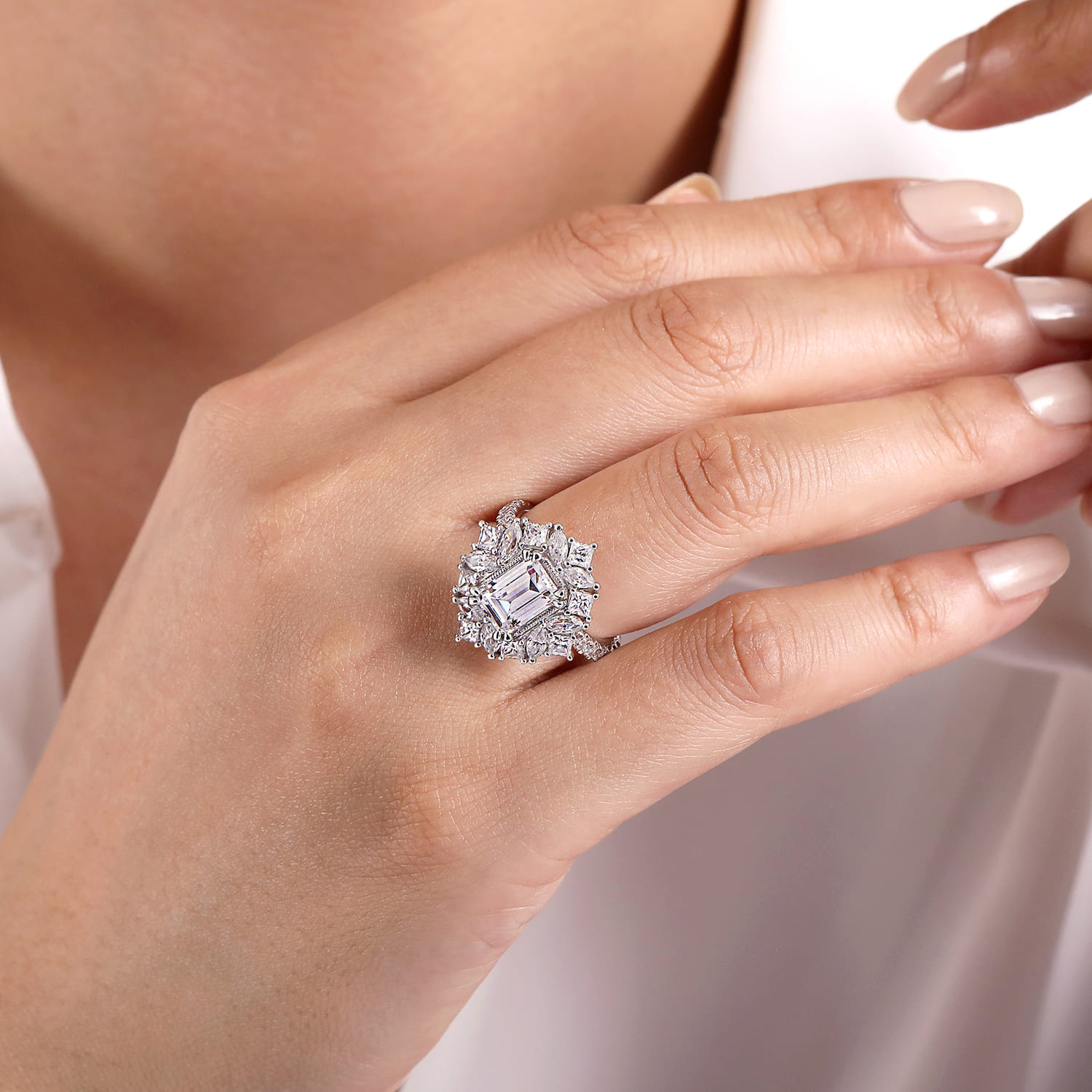 Lisette - 14K White Gold Fancy Halo Emerald Cut Diamond Engagement Ring