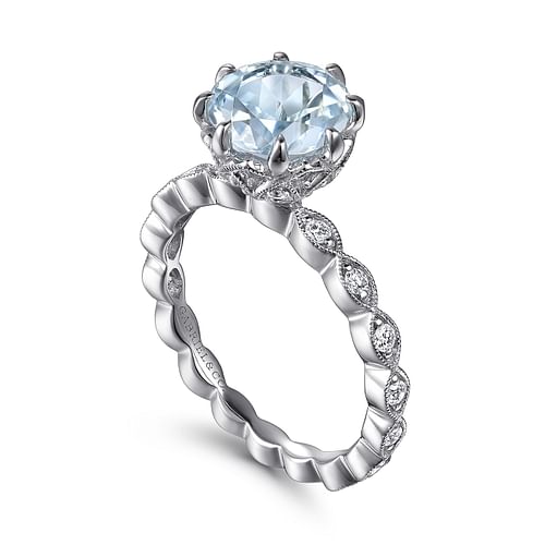 Liza - Vintage Inspired 14K White Gold Aquamarine and Diamond Engagement Ring - 0.3 ct - Shot 3