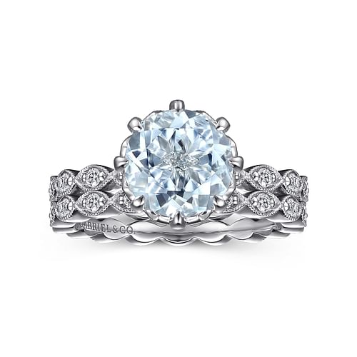 Liza - Vintage Inspired 14K White Gold Aquamarine and Diamond Engagement Ring - 0.3 ct - Shot 4
