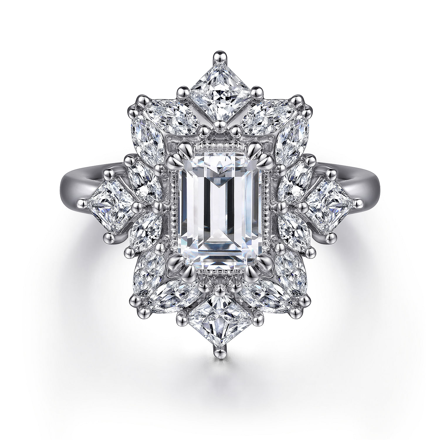 Lois - 14K White Gold Fancy Halo Emerald Cut Diamond Engagement Ring