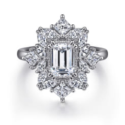 Lois - 14K White Gold Fancy Halo Emerald Cut Diamond Engagement Ring