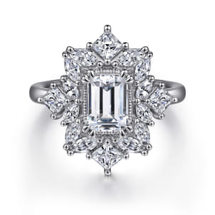 Lois - 14K White Gold Fancy Halo Emerald Cut Diamond Engagement Ring