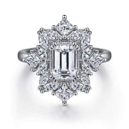 Lois - 14K White Gold Fancy Halo Emerald Cut Diamond Engagement Ring