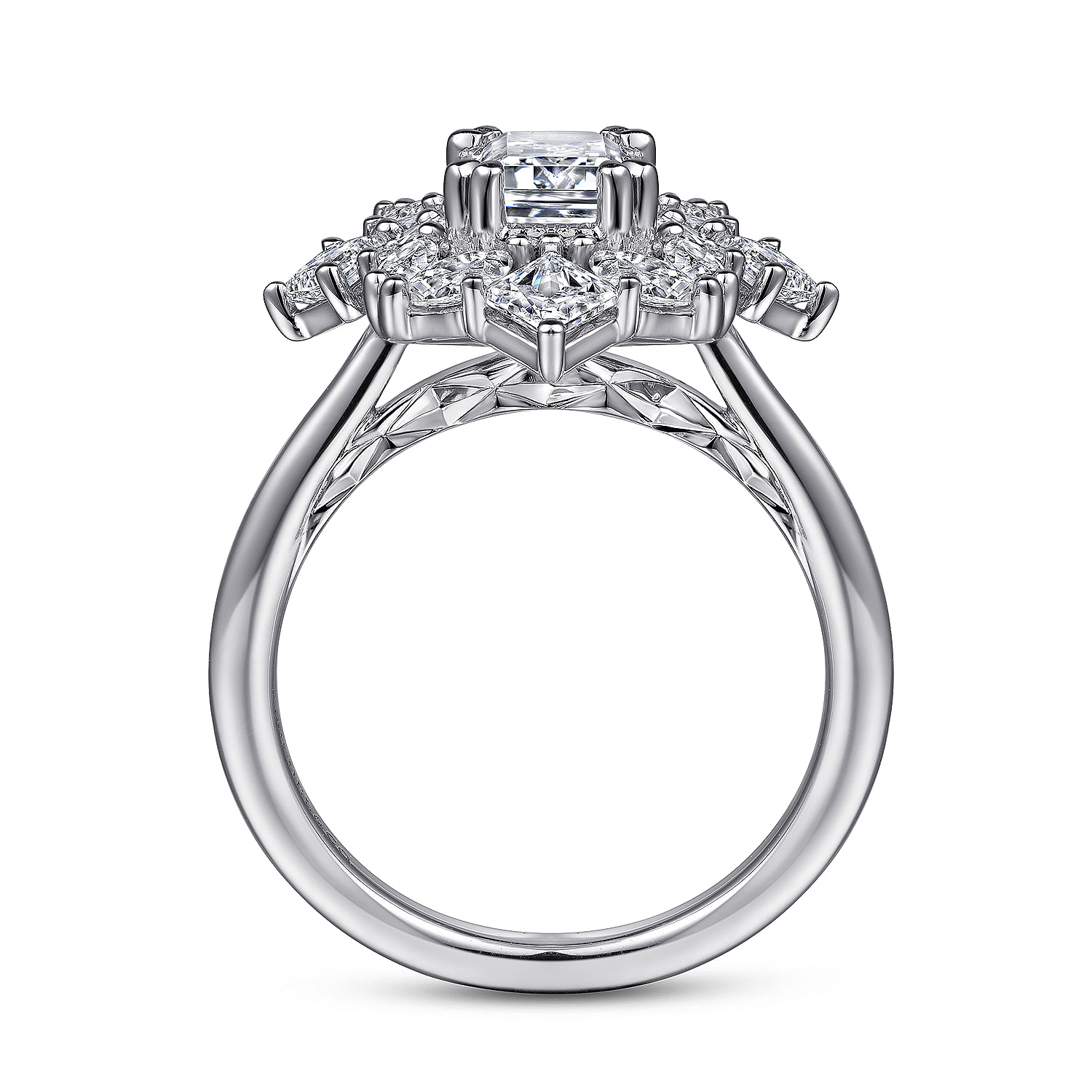 Lois - 14K White Gold Fancy Halo Emerald Cut Diamond Engagement Ring
