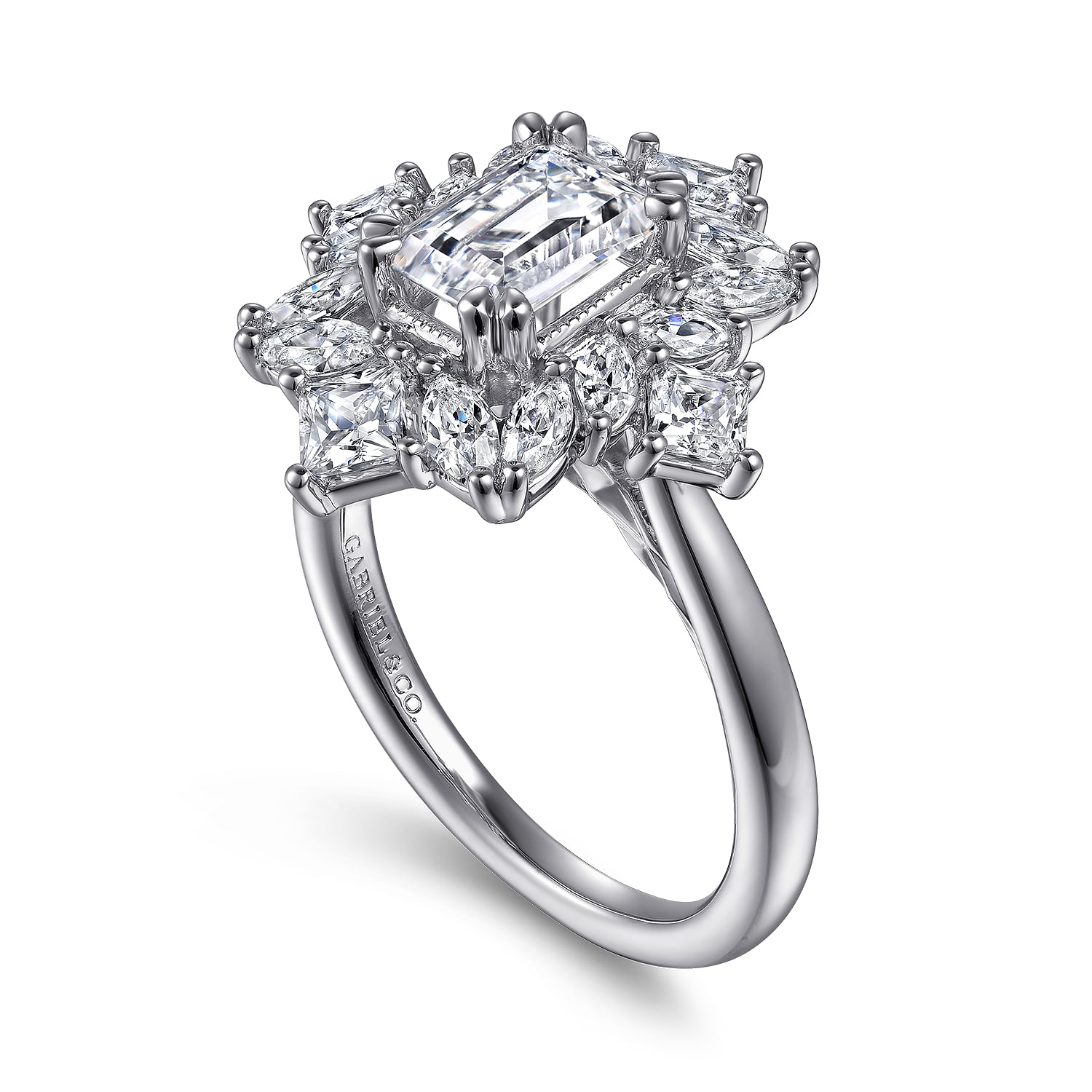 Lois - 14K White Gold Fancy Halo Emerald Cut Diamond Engagement Ring