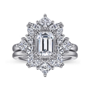 Lois - 14K White Gold Fancy Halo Emerald Cut Diamond Engagement Ring
