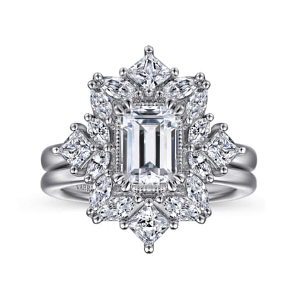 Lois - 14K White Gold Fancy Halo Emerald Cut Diamond Engagement Ring