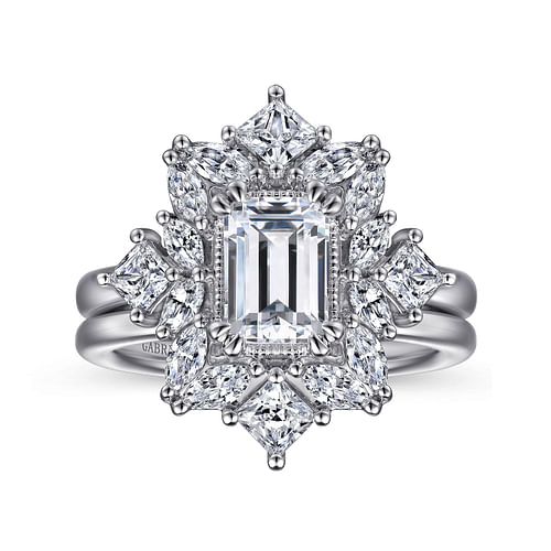 Lois - 14K White Gold Fancy Halo Emerald Cut Diamond Engagement Ring - 1.19 ct - Shot 4