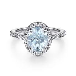 14K White Gold Oval Halo Aquamarine and Diamond Engagement Ring