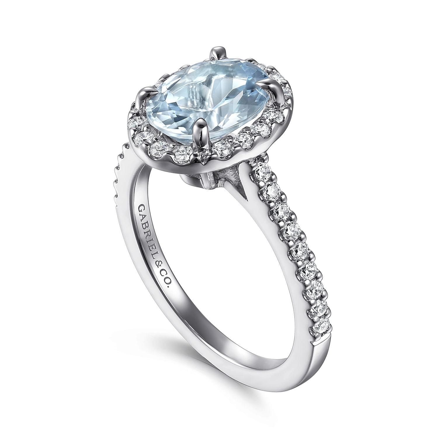 Loreina - 14K White Gold Oval Halo Aquamarine and Diamond Engagement Ring