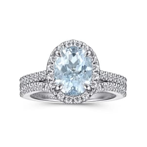 Loreina - 14K White Gold Oval Halo Aquamarine and Diamond Engagement Ring