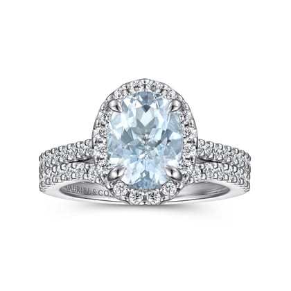 Loreina - 14K White Gold Oval Halo Aquamarine and Diamond Engagement Ring
