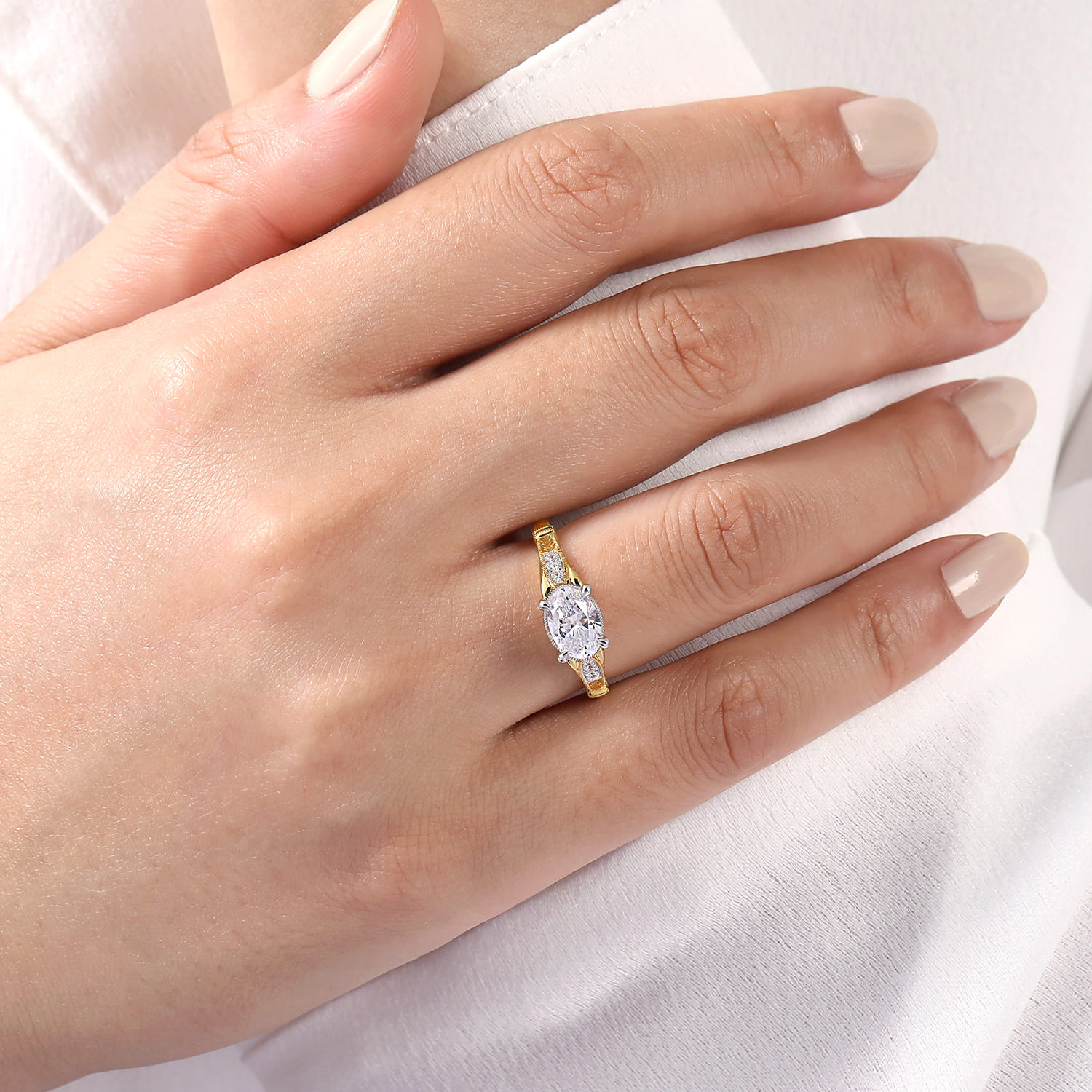 Lorena - Vintage Inspired 14K White-Yellow Gold East West Oval Diamond Engagement Ring