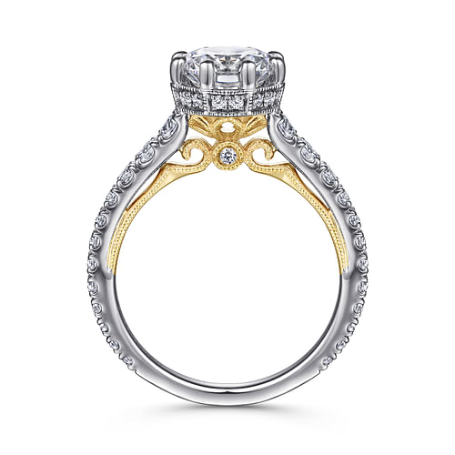 Loretta - Vintage Inspired 14K White-Yellow Gold Round Diamond Engagement Ring - 0.68 ct - Shot 2