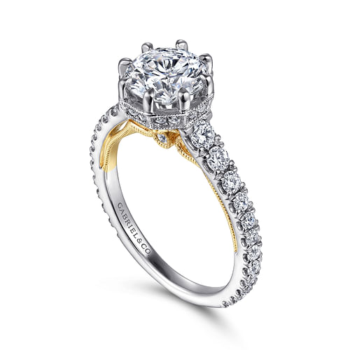 Loretta - Vintage Inspired 14K White-Yellow Gold Round Diamond Engagement Ring - 0.68 ct - Shot 3