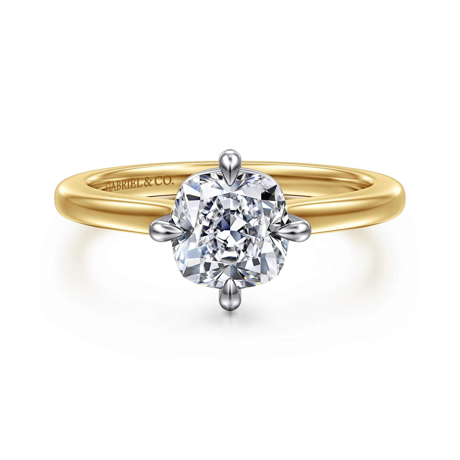 Lou - 14K White-Yellow Gold Cushion Cut Compass Prong Solitaire Diamond Engagement Ring