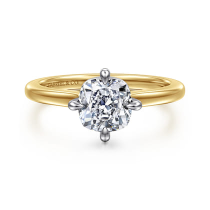 Lou - 14K White-Yellow Gold Cushion Cut Compass Prong Solitaire Diamond Engagement Ring