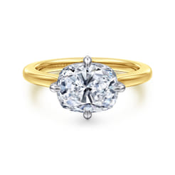 Lou - 14K White-Yellow Gold East West Elongated Cushion Compass Prong Solitaire Diamond Engagement Ring