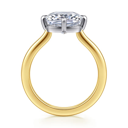 Lou - 14K White-Yellow Gold East West Elongated Cushion Compass Prong Solitaire Diamond Engagement Ring