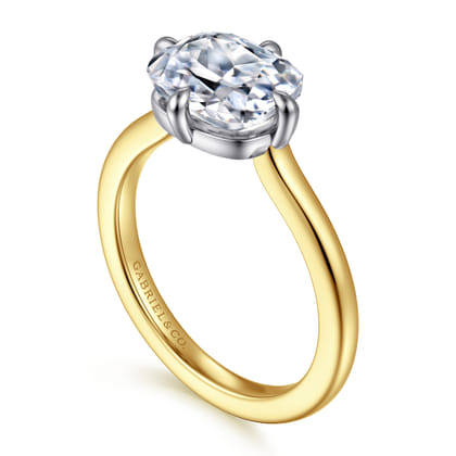 Lou - 14K White-Yellow Gold East West Elongated Cushion Compass Prong Solitaire Diamond Engagement Ring